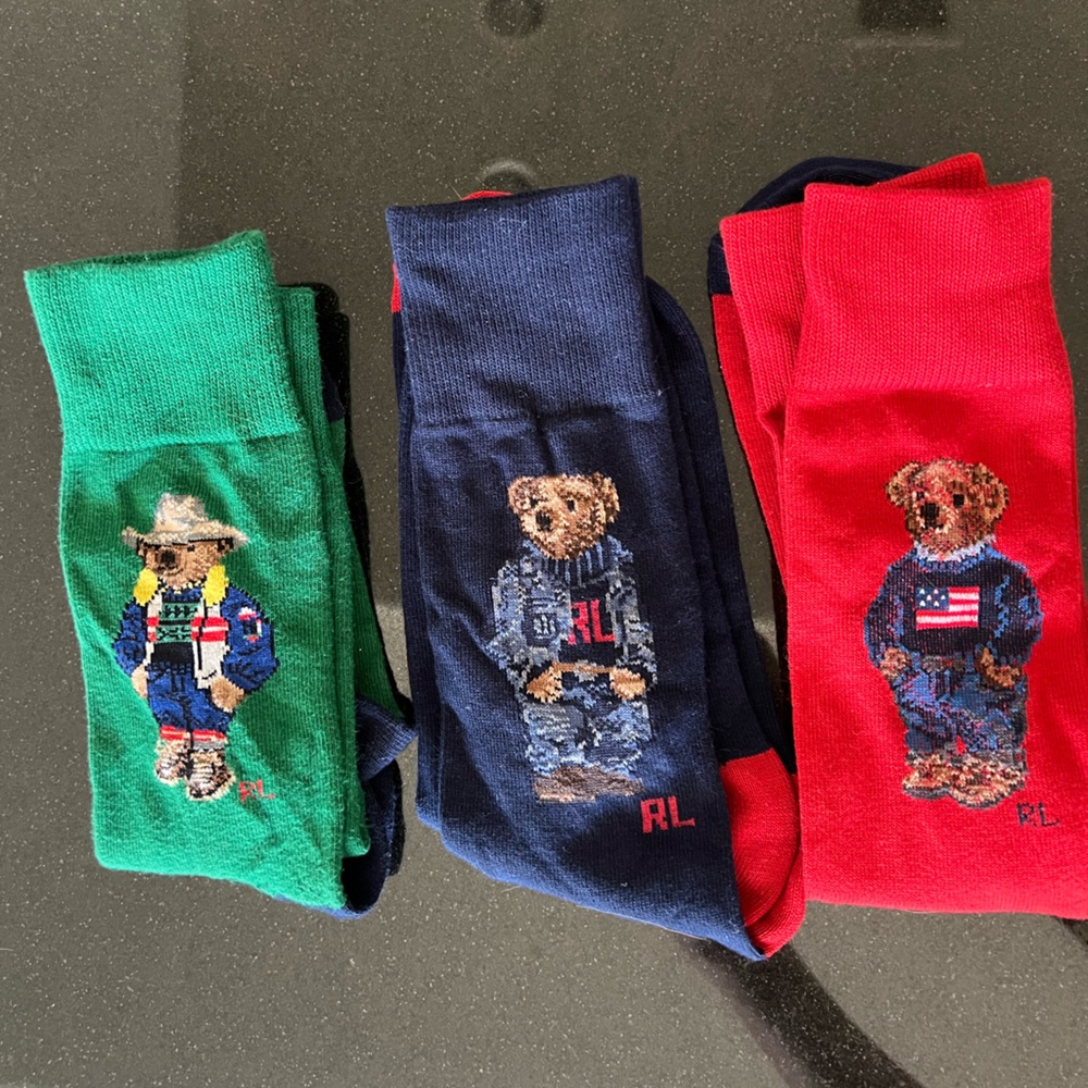 Ralph Lauren Polo teddy bear socks. Set of 3.  New never worn.